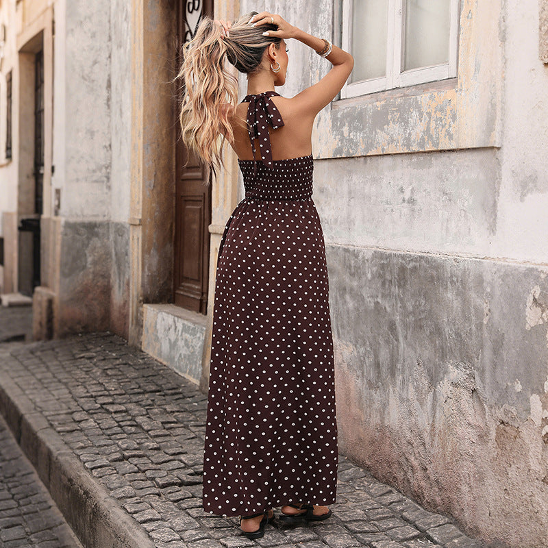 Luchtige Polka-Dot Maxi Jurk 'Benthe' - koffiebruin