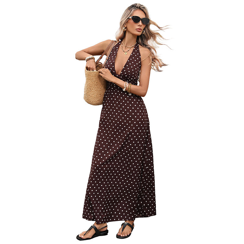 Luchtige Polka-Dot Maxi Jurk 'Benthe' - koffiebruin